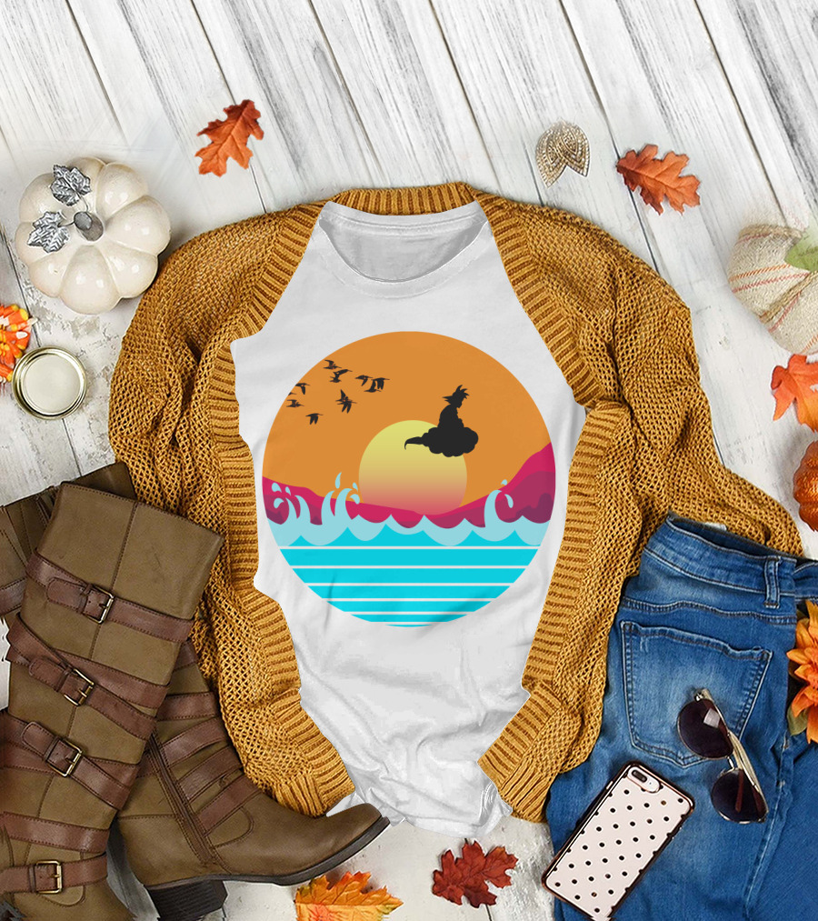 Goku Flying Nimbus Sunset Over Ocean Waves T-Shirt