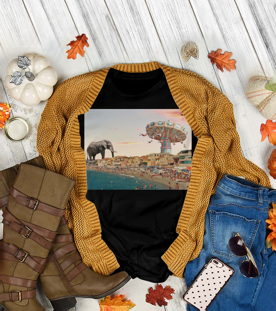 Elephant Beach Giant Elephant Vintage Carousel Coastal Fantasy Scene T-Shirt