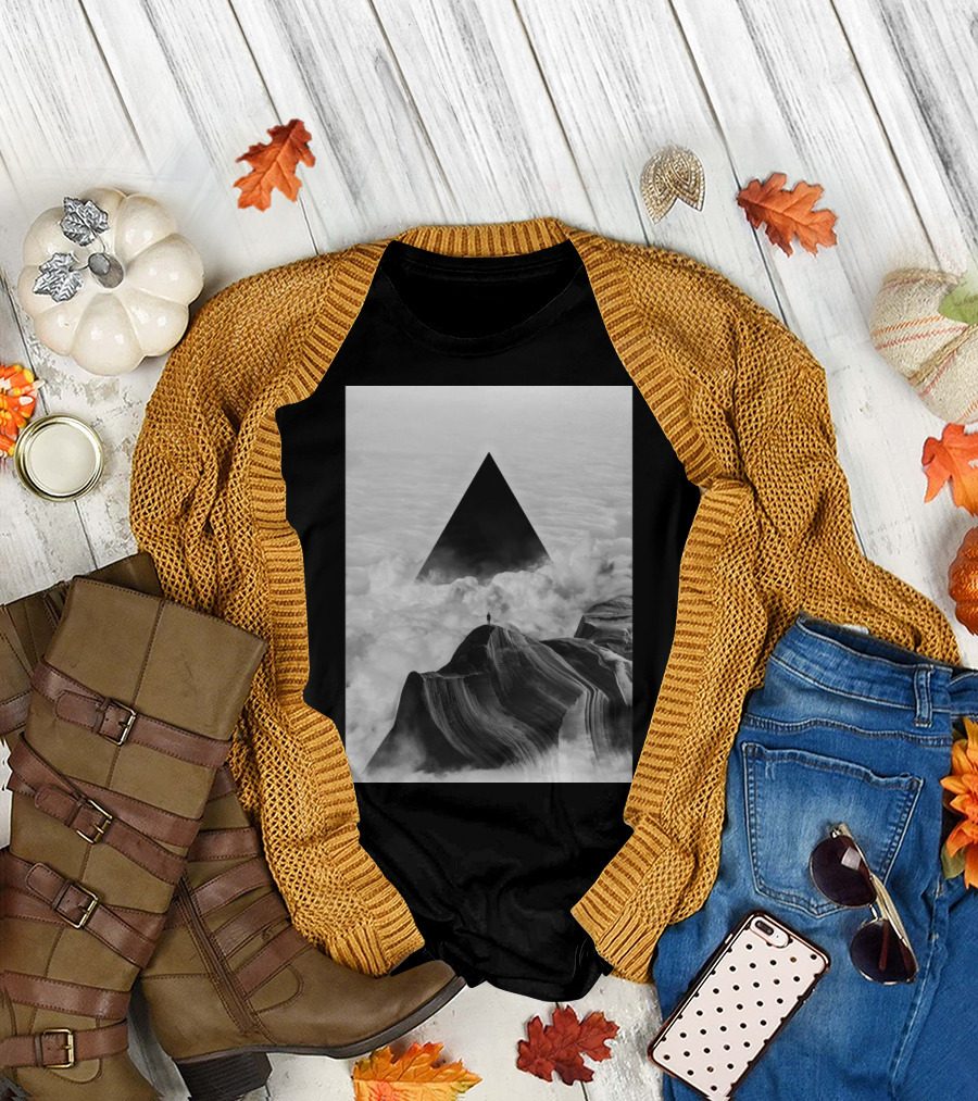 Solitary Figure on Mountain with Black Triangle Amidst Clouds - We Never Had It Anyway T-Shirt