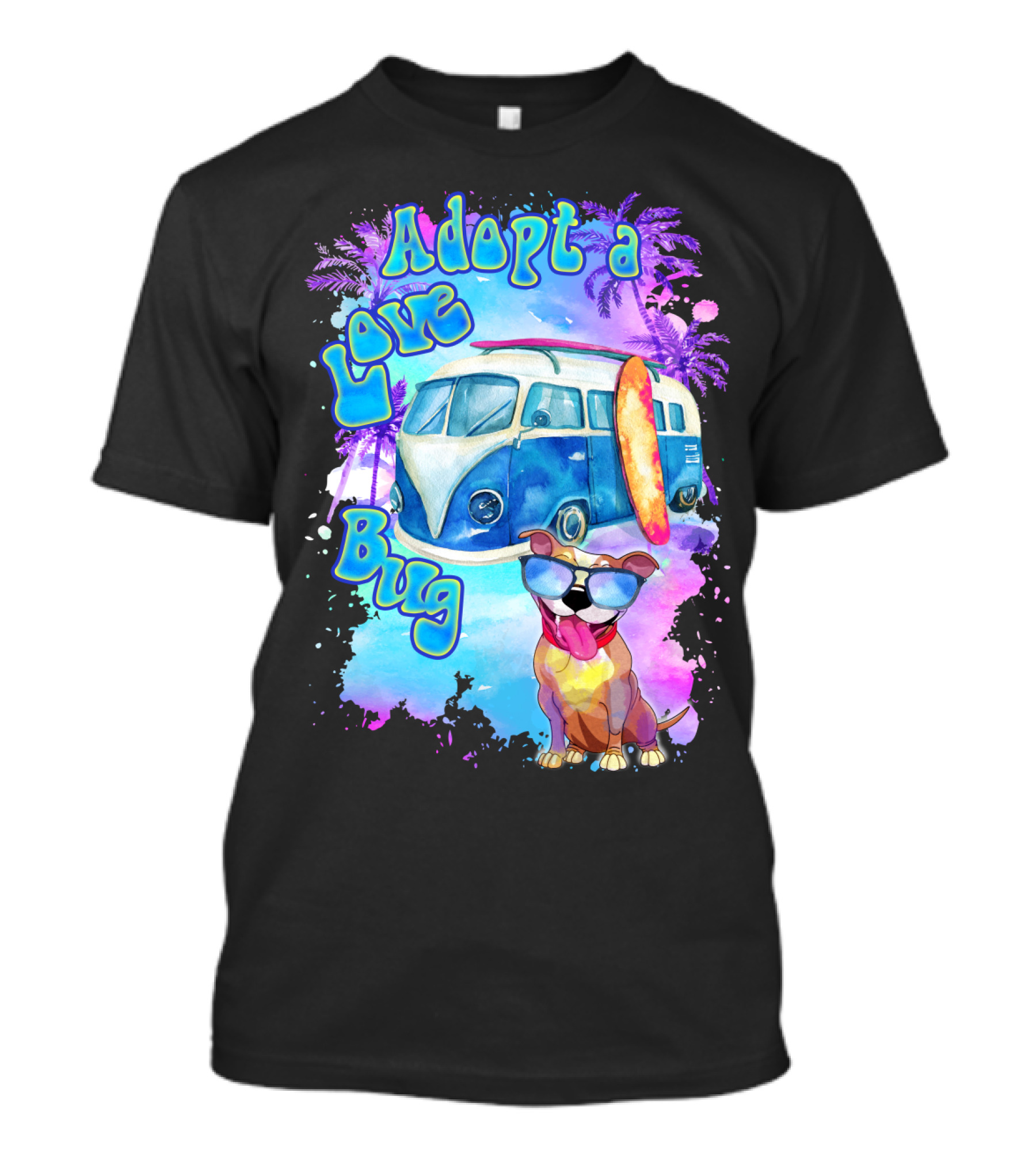 Adopt A Love Bug Pitbull With Surf Van And Palm Trees T-Shirt
