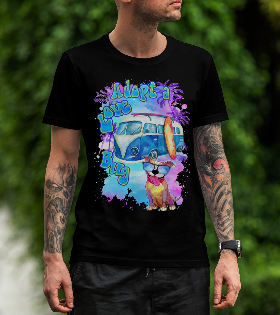 Adopt A Love Bug Pitbull With Surf Van And Palm Trees T-Shirt