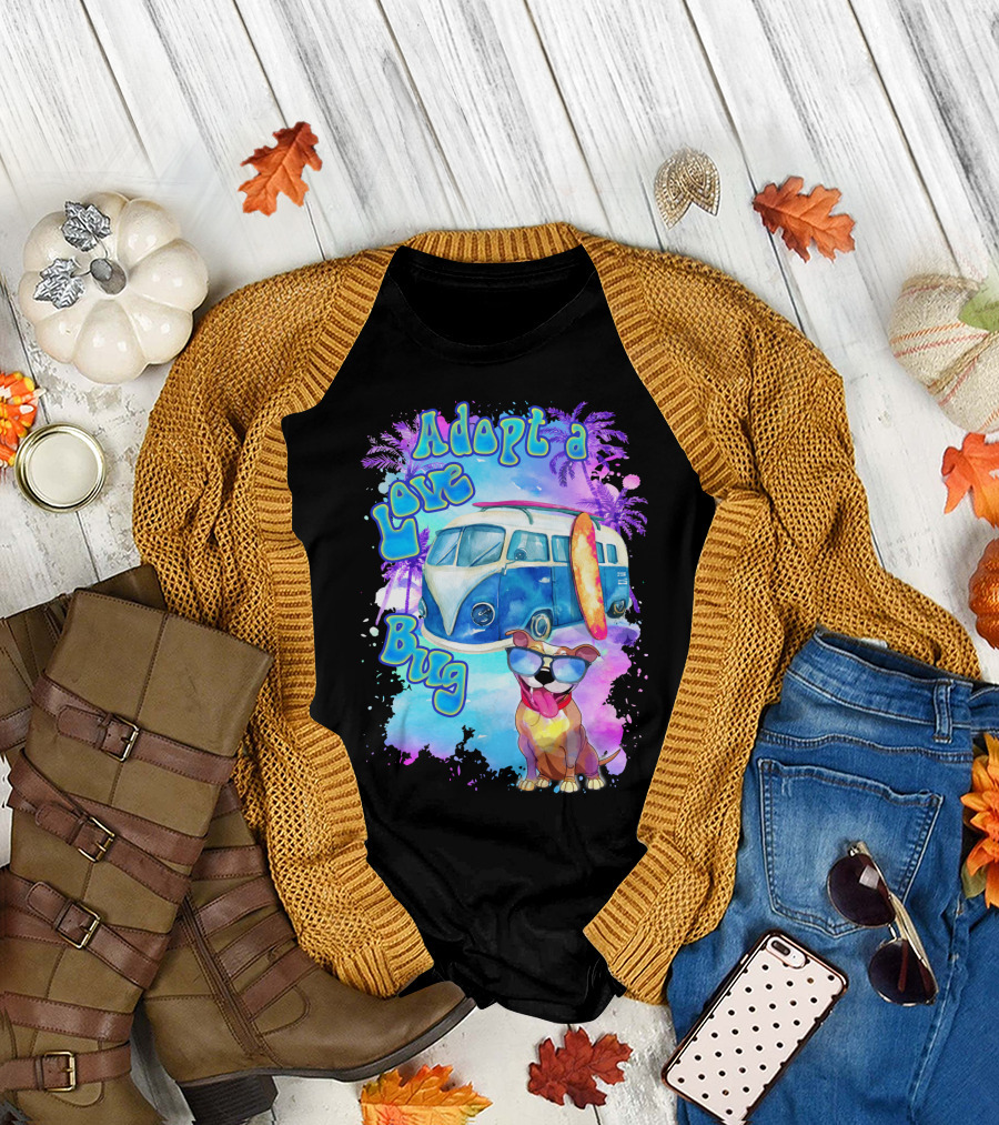 Adopt A Love Bug Pitbull With Surf Van And Palm Trees T-Shirt