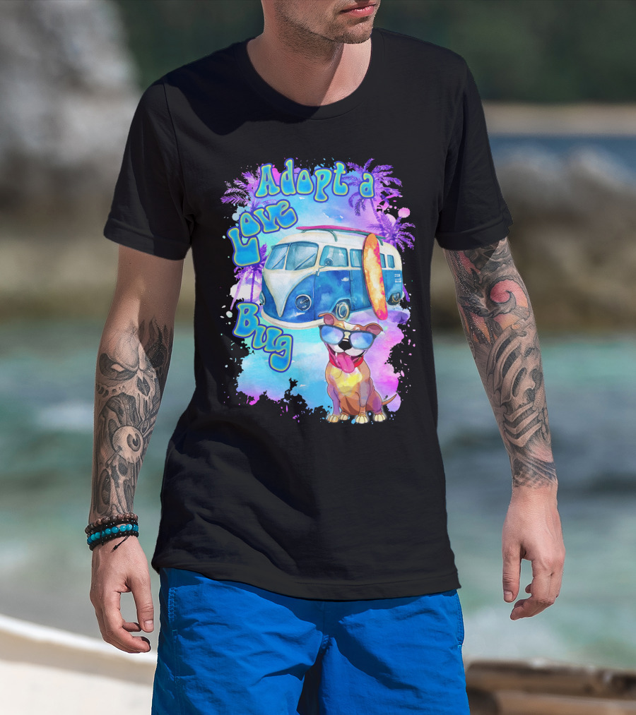 Adopt A Love Bug Pitbull With Surf Van And Palm Trees T-Shirt