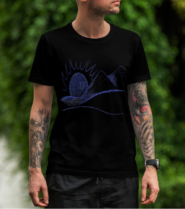 Mountain Line Drawings Sunset Silhouette Blue Sketch T-Shirt