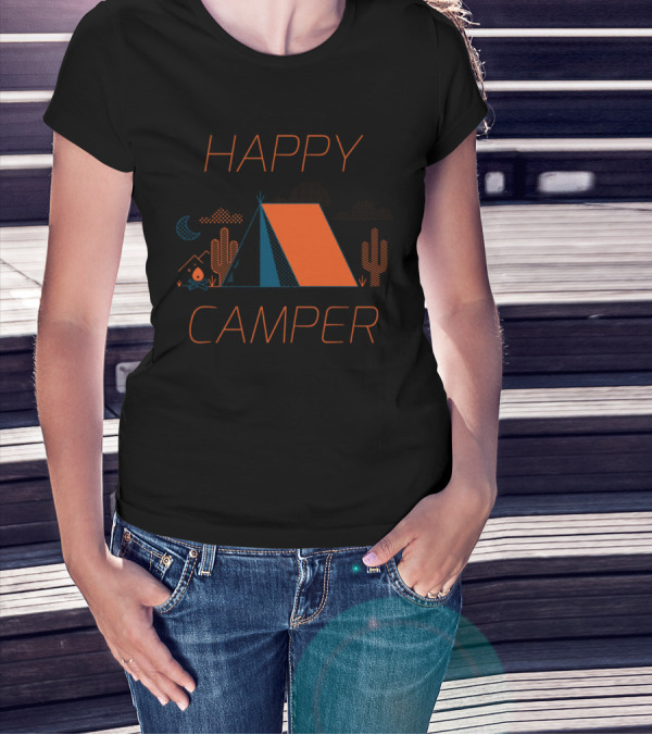 Happy Camper Tent Under Night Sky With Cacti And Campfire T-Shirt