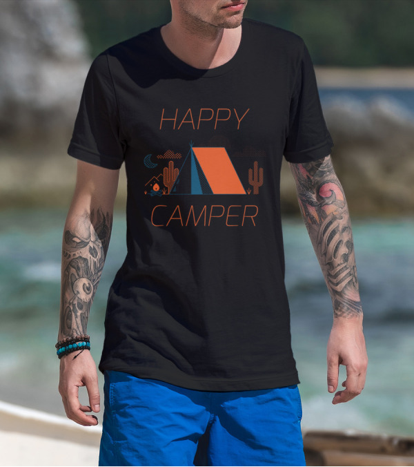 Happy Camper Tent Under Night Sky With Cacti And Campfire T-Shirt