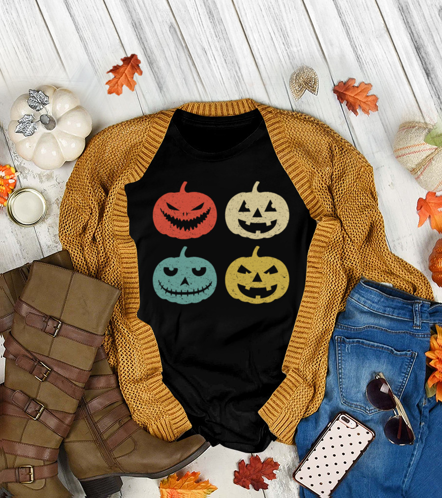 Colorful Vintage Halloween Pumpkin Jack o Lantern Quartet T-Shirt
