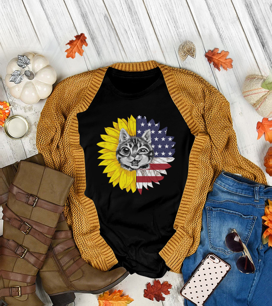 CAT LOVERS Sunflower American Flag Winking Cat T-Shirt