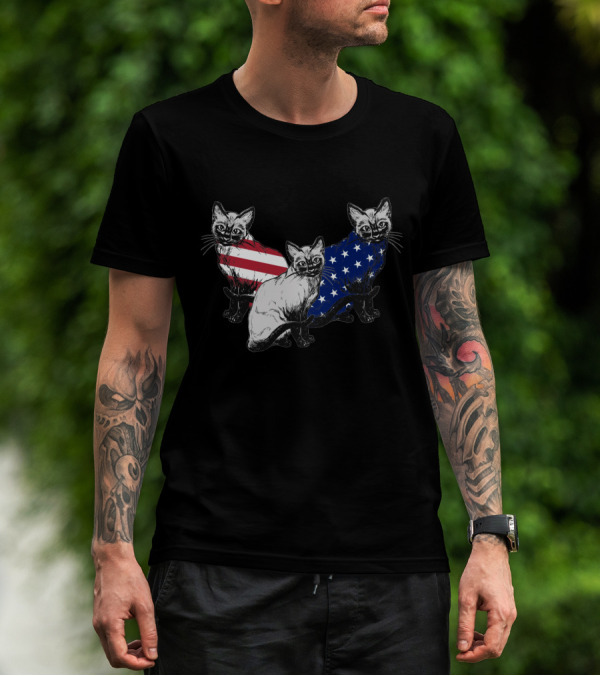 Siamese Cats American Flag July Independence Day T-Shirt