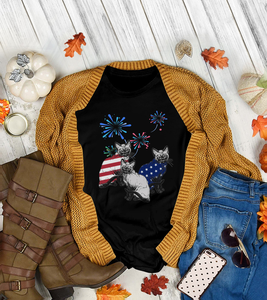 SiameseJuly Cats with Fireworks and American Flag T-Shirt