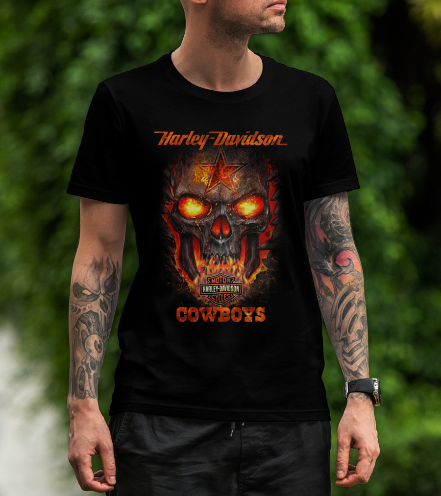 Harley Davidson Cowboys Skull With Star Emblem Flames T-Shirt