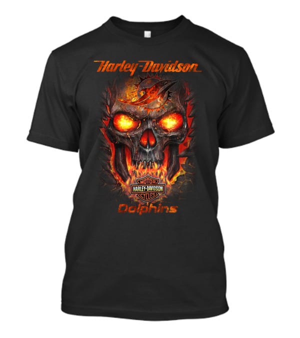 Harley Davidson Miami Dolphins Fiery Skull Logo Motorcycles T-Shirt