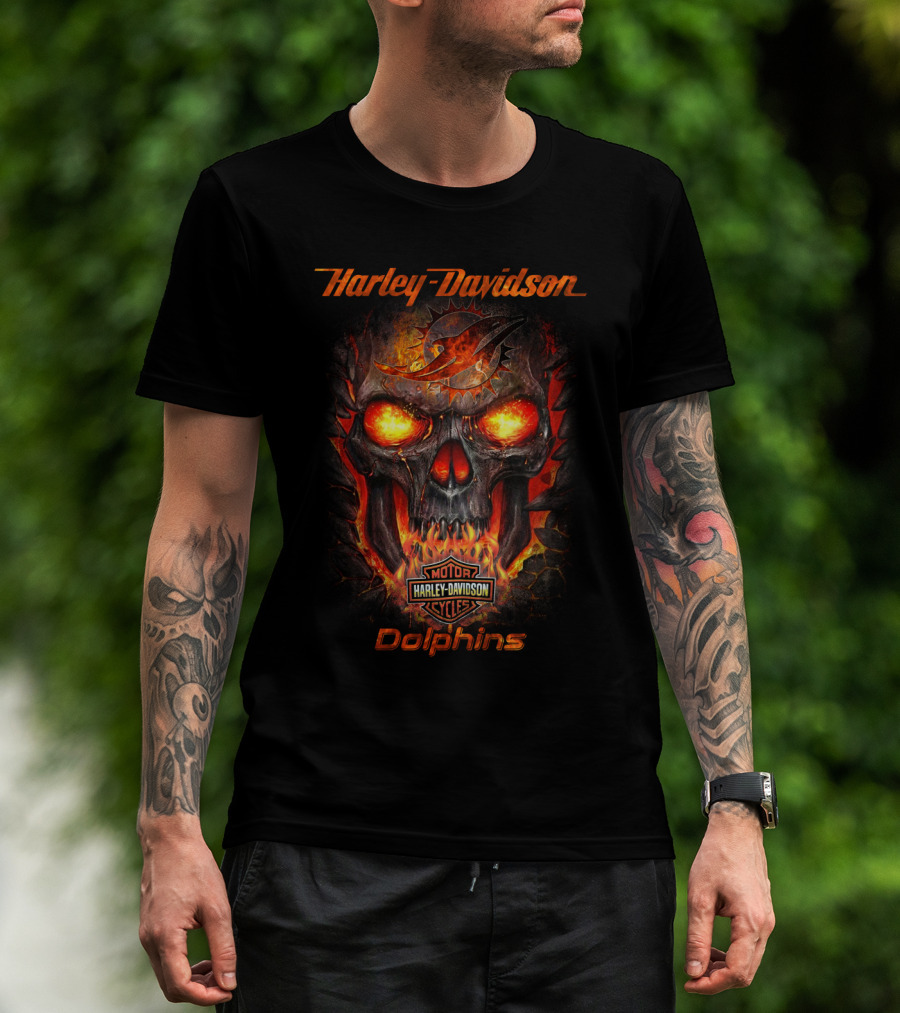 Harley Davidson Miami Dolphins Fiery Skull Logo Motorcycles T-Shirt