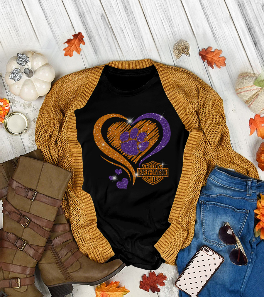 Clemson Tigers Purple Paw Heart Harley Davidson T-Shirt