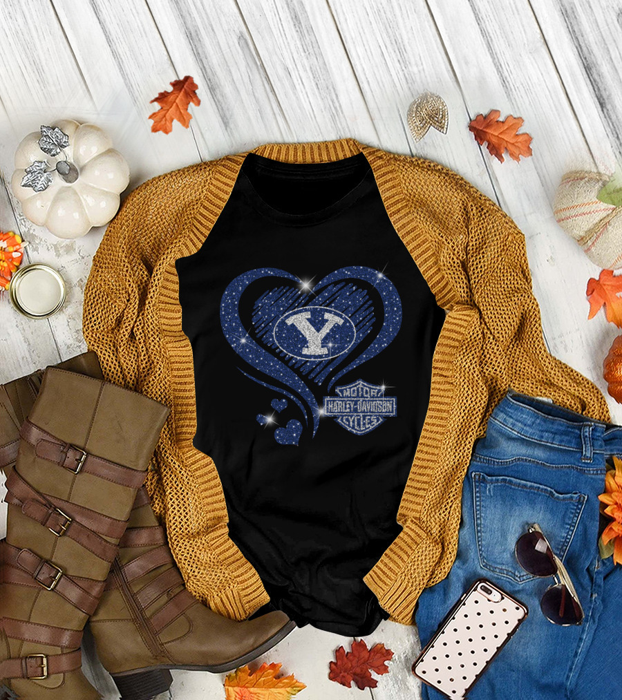 Byu Cougars Y Logo And Harley Davidson Motorcycles Blue Heart T-Shirt
