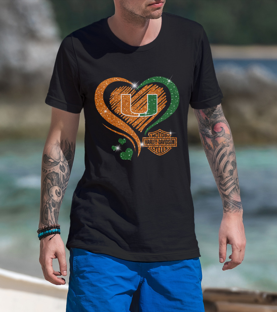 U Miami Hurricanes Heart Harley Davidson Style T-Shirt