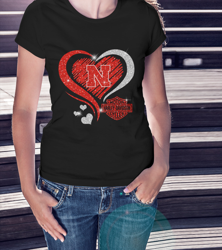 Nebraska Cornhuskers N Heart Harley Davidson Motor Cycles T-Shirt