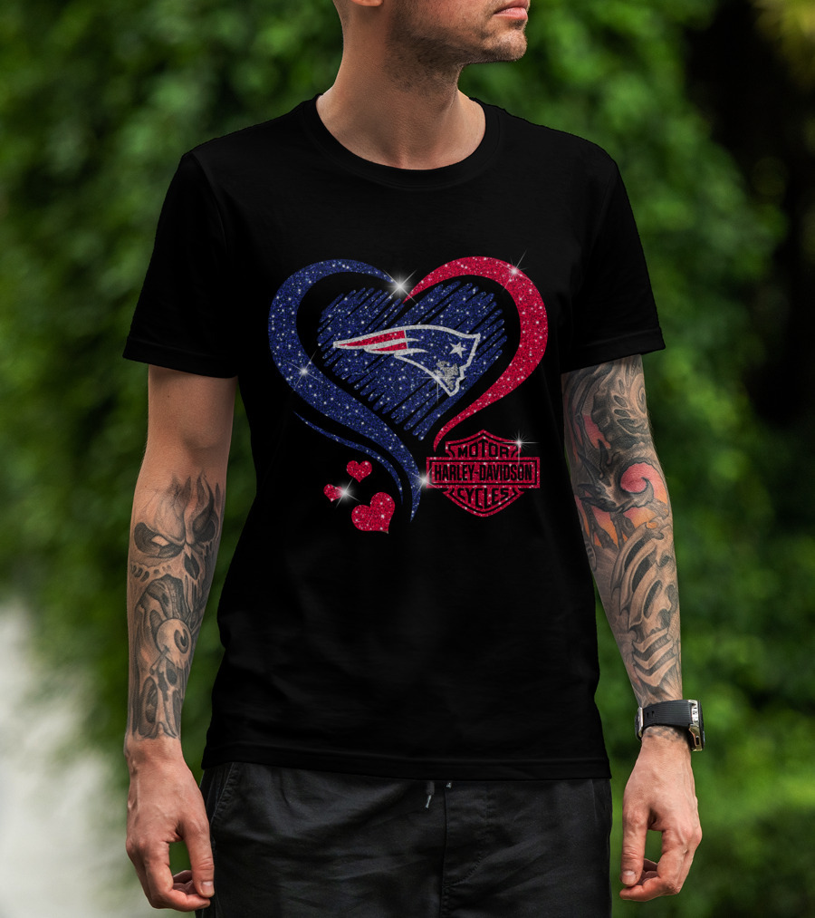 Hd New England Patriots Harley Davidson Heart Sparkle T-Shirt