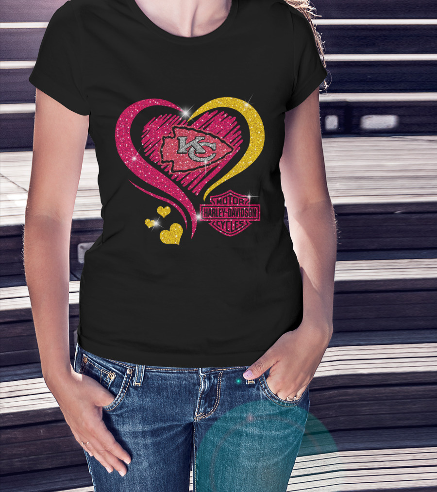 Kansas City Chiefs Harley Davidson Motorcycles Heart Kc Logo Glitter T-Shirt