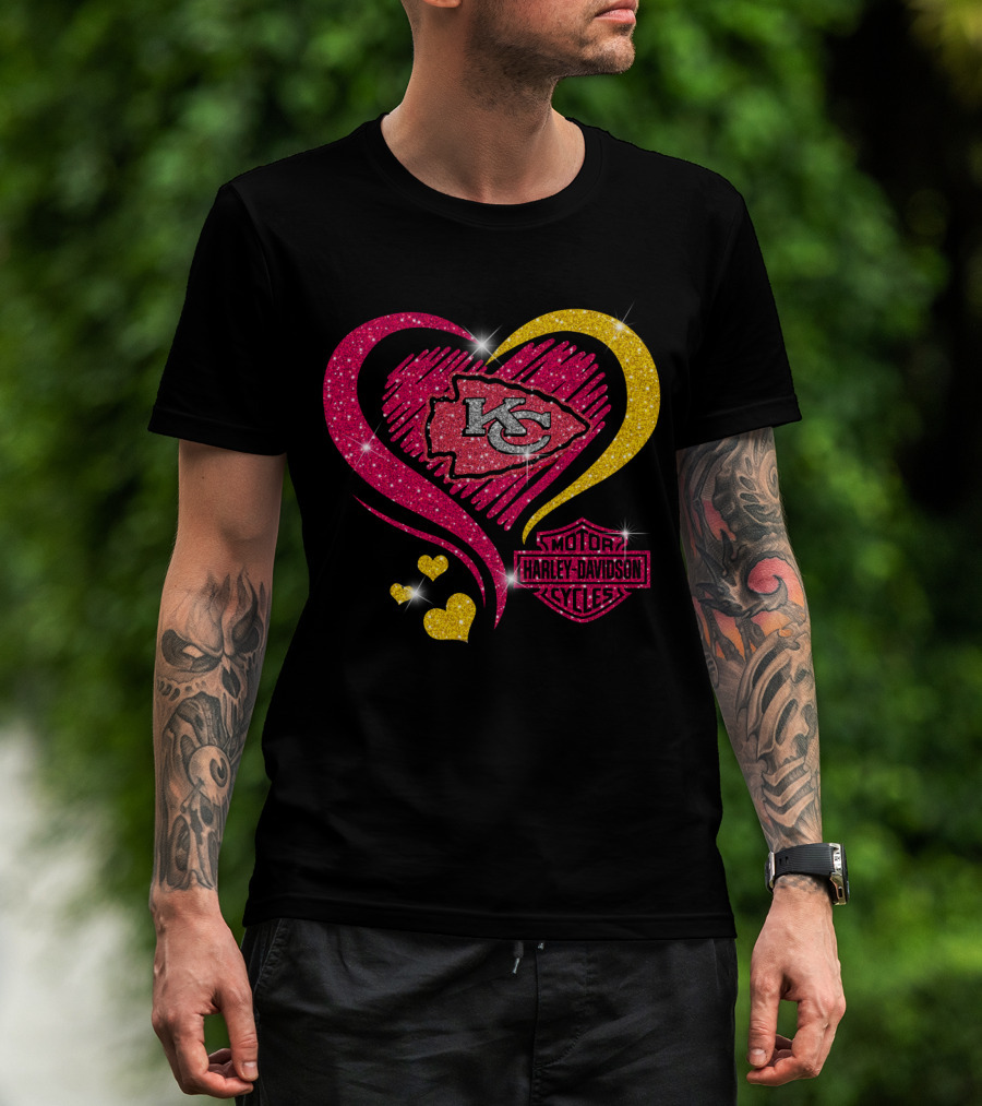 Kansas City Chiefs Harley Davidson Motorcycles Heart Kc Logo Glitter T-Shirt