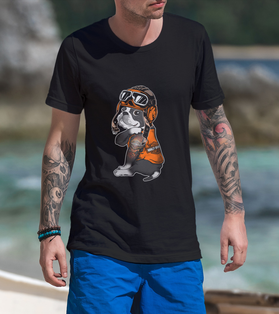 Hd Tatoo Boston Terrier Harley Davidson Moto Goggles T-Shirt