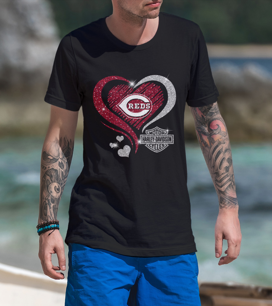 0307Hd Cincinnati Reds Harley Davidson Sparkling Heart T-Shirt