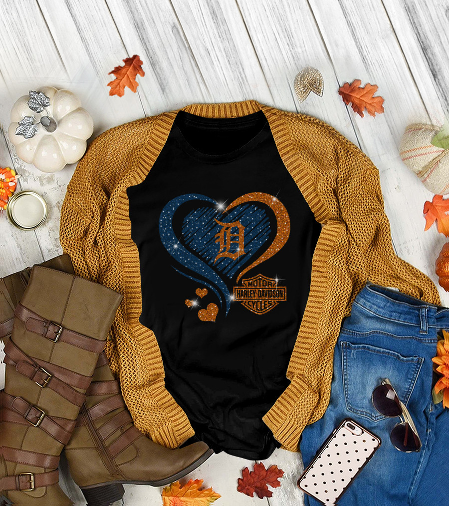 Motor Harley Davidson Cycles Detroit Tigers Sparkle Heart T-Shirt