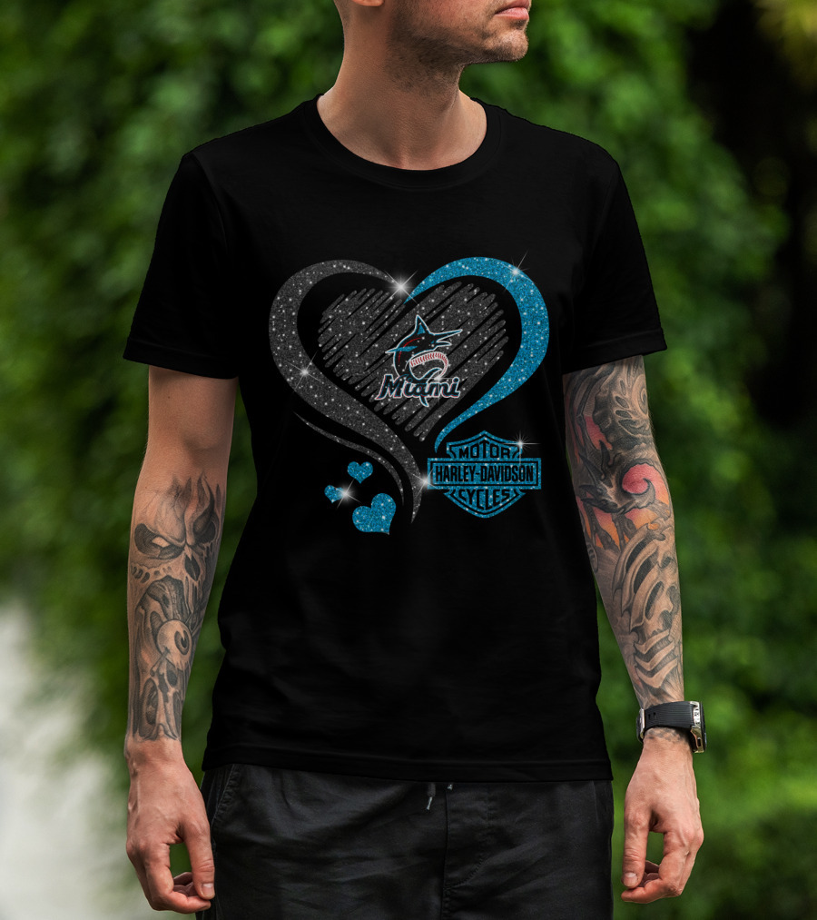 Miami Marlins Heart Sparkle Harley Davidson T-Shirt