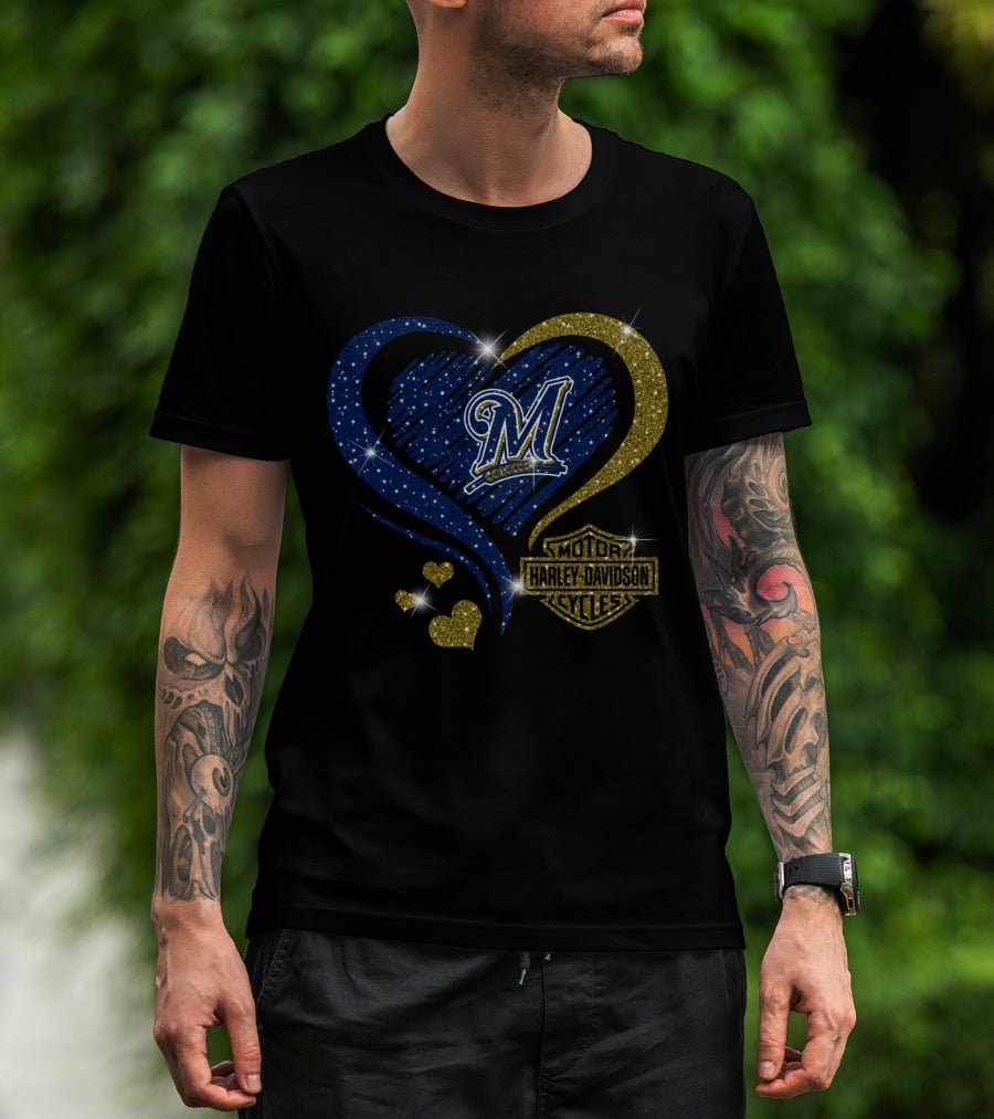 Milwaukee Brewers Heart With Harley Davidson T-Shirt