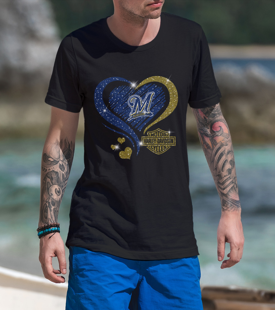 Milwaukee Brewers Heart With Harley Davidson T-Shirt