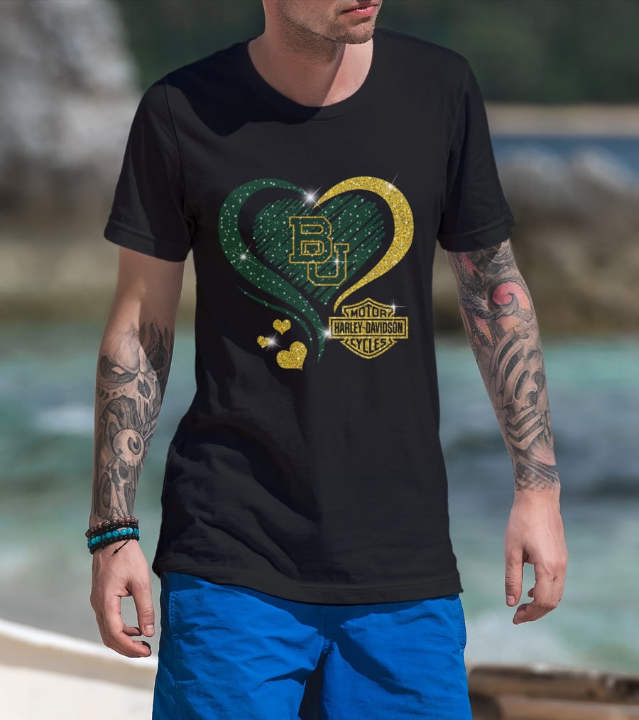 Bu Baylor Bears Harley Davidson Sparkling Heart T-Shirt