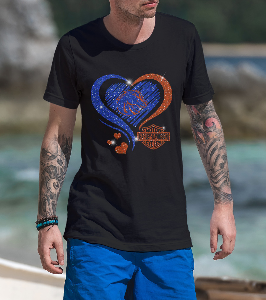 Boise State Broncos Heart Harley Davidson Cycles Sparkle T-Shirt