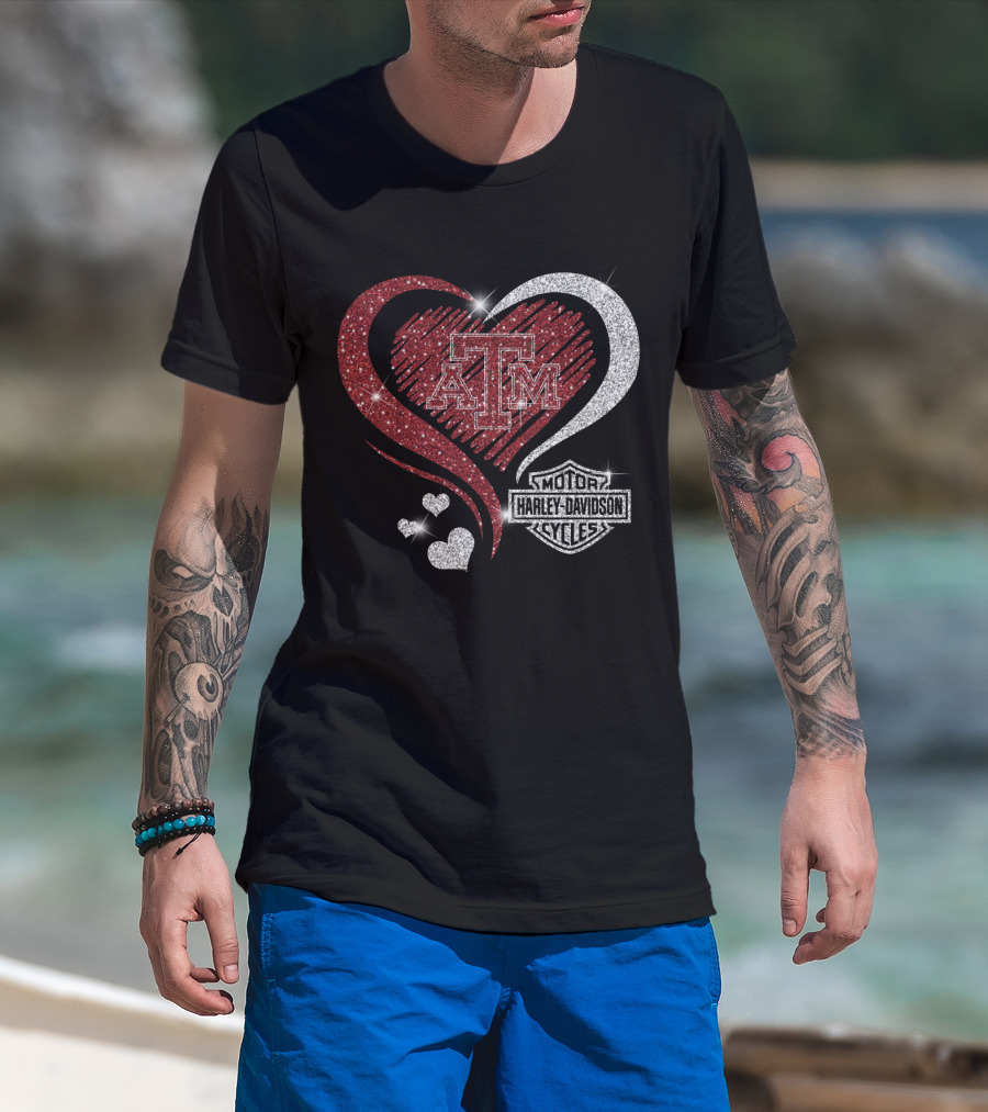 Atm Texas A&M Aggies Harley Davidson Motor Cycles Sparkling Heart T-Shirt
