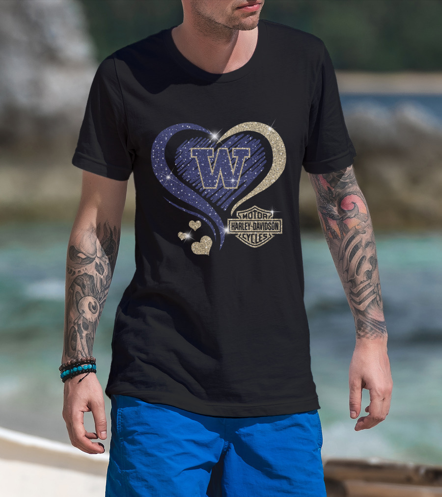 W Washington Huskies Harley Davidson Motorcycles Sparkling Heart T-Shirt