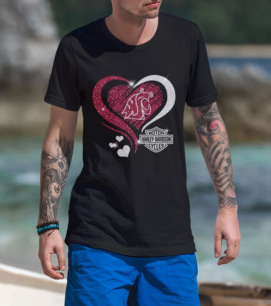 0306Hd Washington State Cougars Wsu Motor Harley Davidson Cycles Sparkling Heart Theme T-Shirt