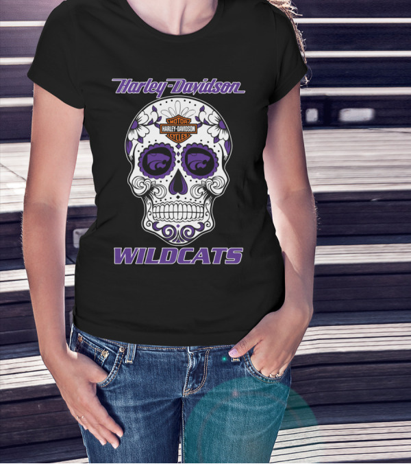 Harley Davidson Wildcats Kansas State Motor Cycles Day Of The Dead Skull T-Shirt