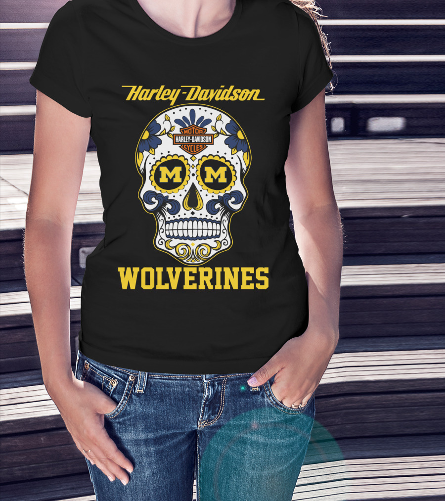 Harley Davidson Motor Cycles Michigan Wolverines Skull T-Shirt