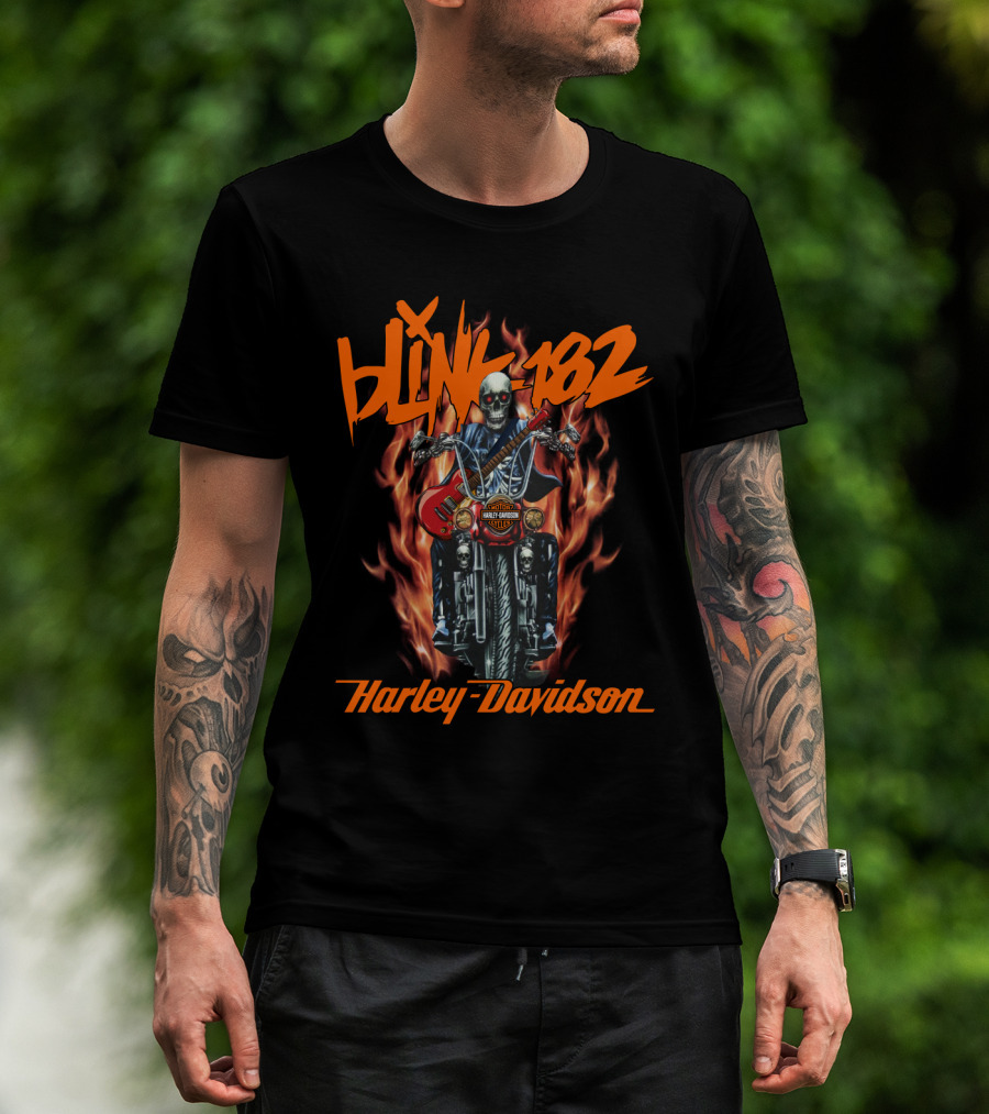 Blink 182 Harley Davidson Skeleton Guitar Flames T-Shirt