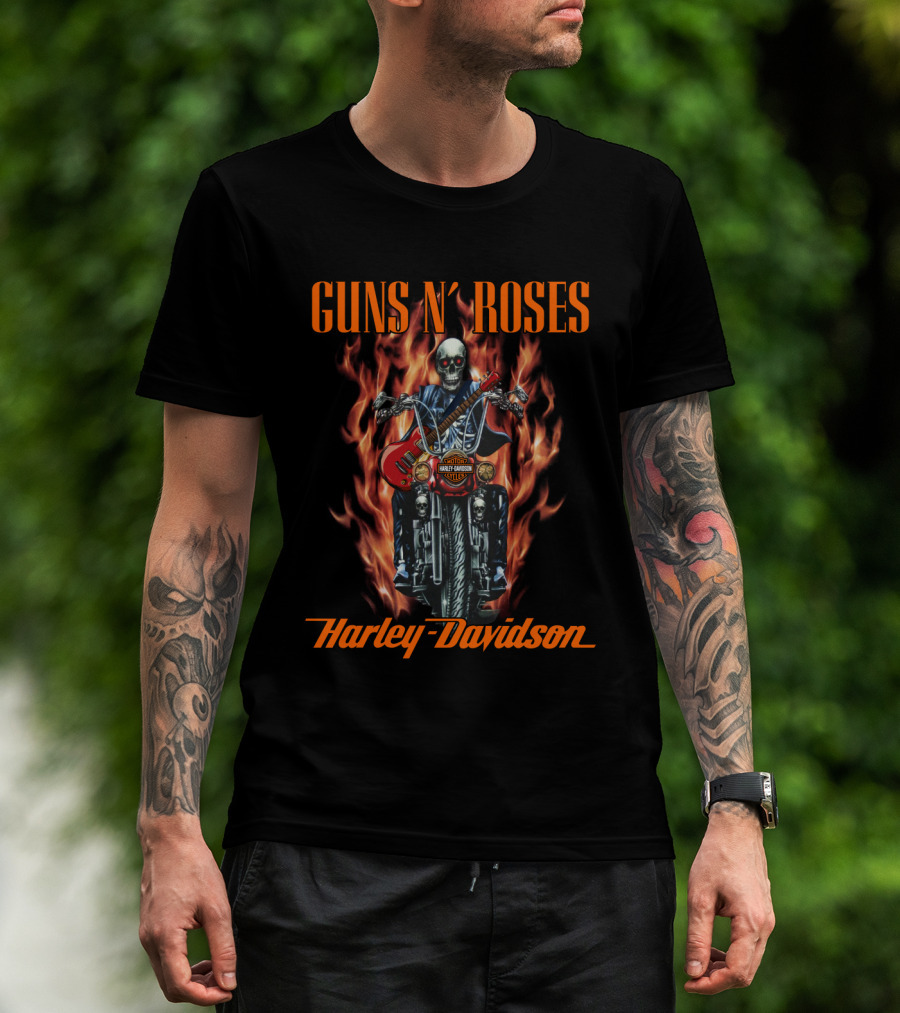 Guns N' Roses Harley Davidson Skull Motorcycle Flames T-Shirt