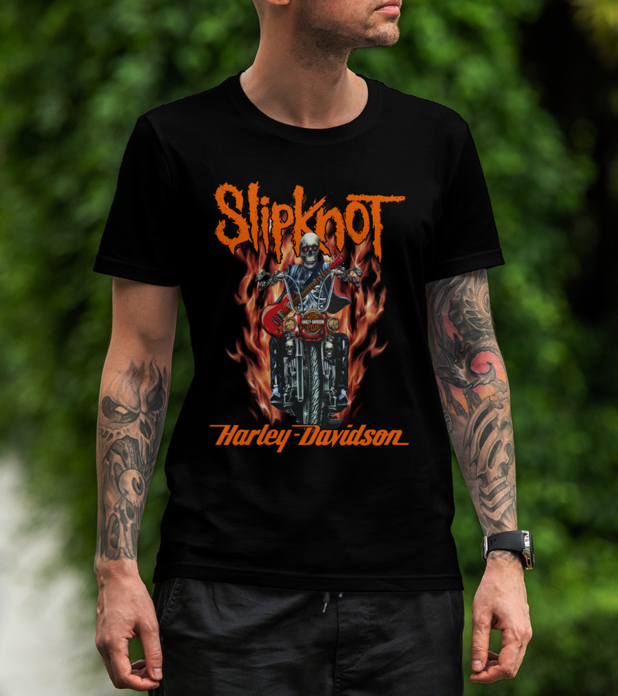 Slipknot Harley Davidson Flaming Skeleton Motorcycle Rider T-Shirt