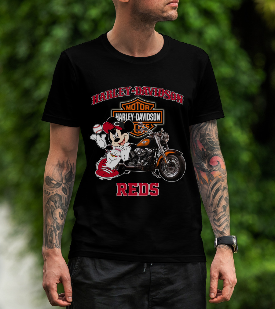 Harley Davidson Reds Cincinnati Motorcycle Mickey Mouse Baseball T-Shirt