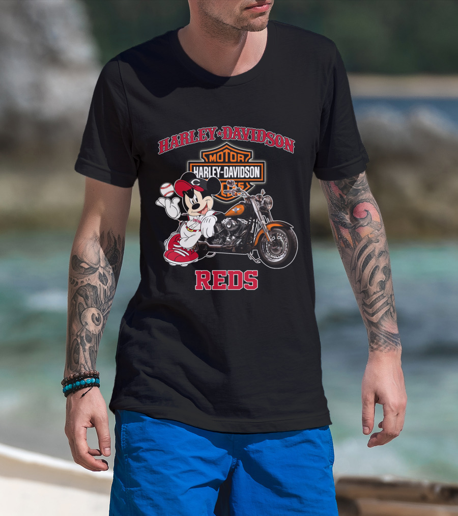 Harley Davidson Reds Cincinnati Motorcycle Mickey Mouse Baseball T-Shirt