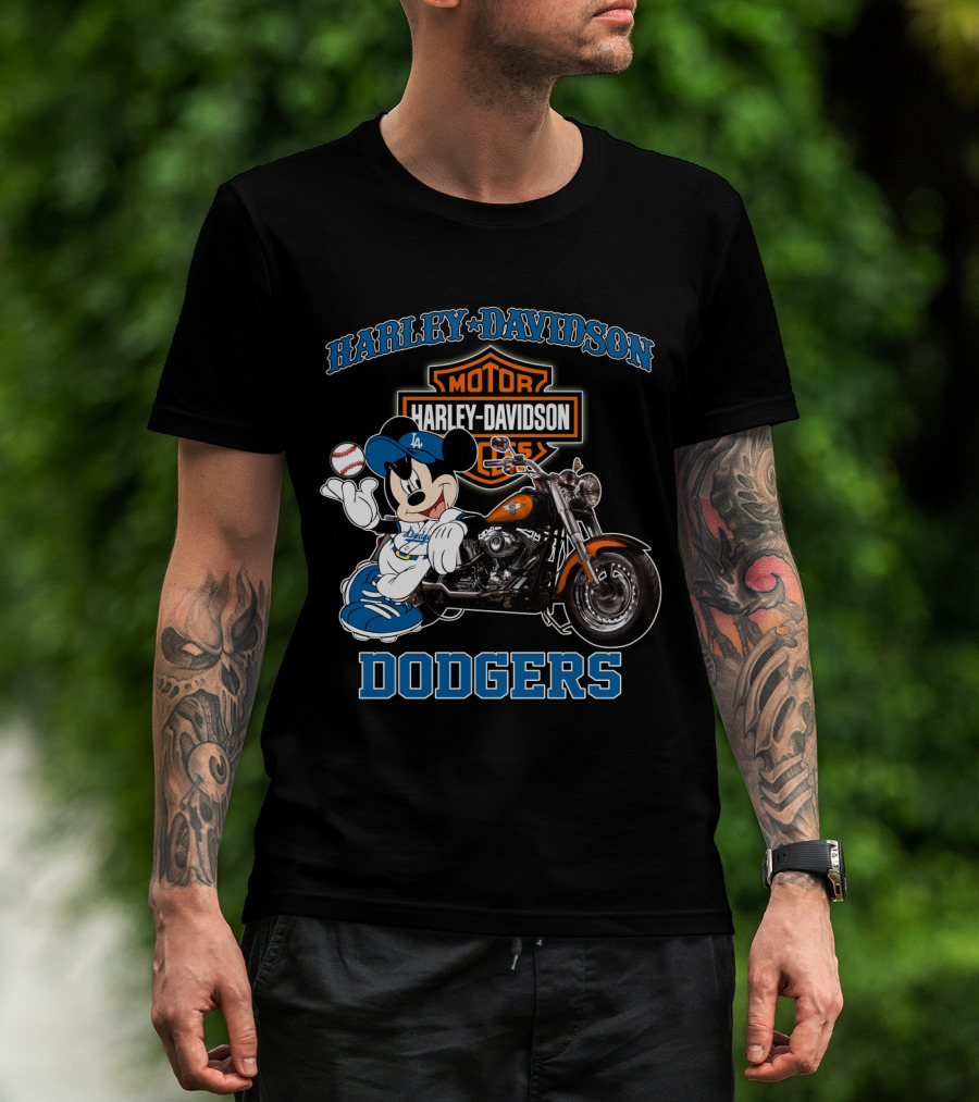 Harley Davidson Los Angeles Dodgers Mickey Mouse Motorcycle Baseball T-Shirt