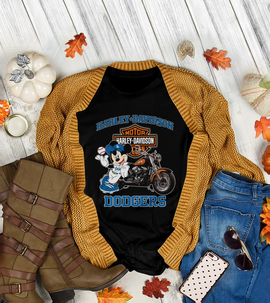 Harley Davidson Los Angeles Dodgers Mickey Mouse Motorcycle Baseball T-Shirt