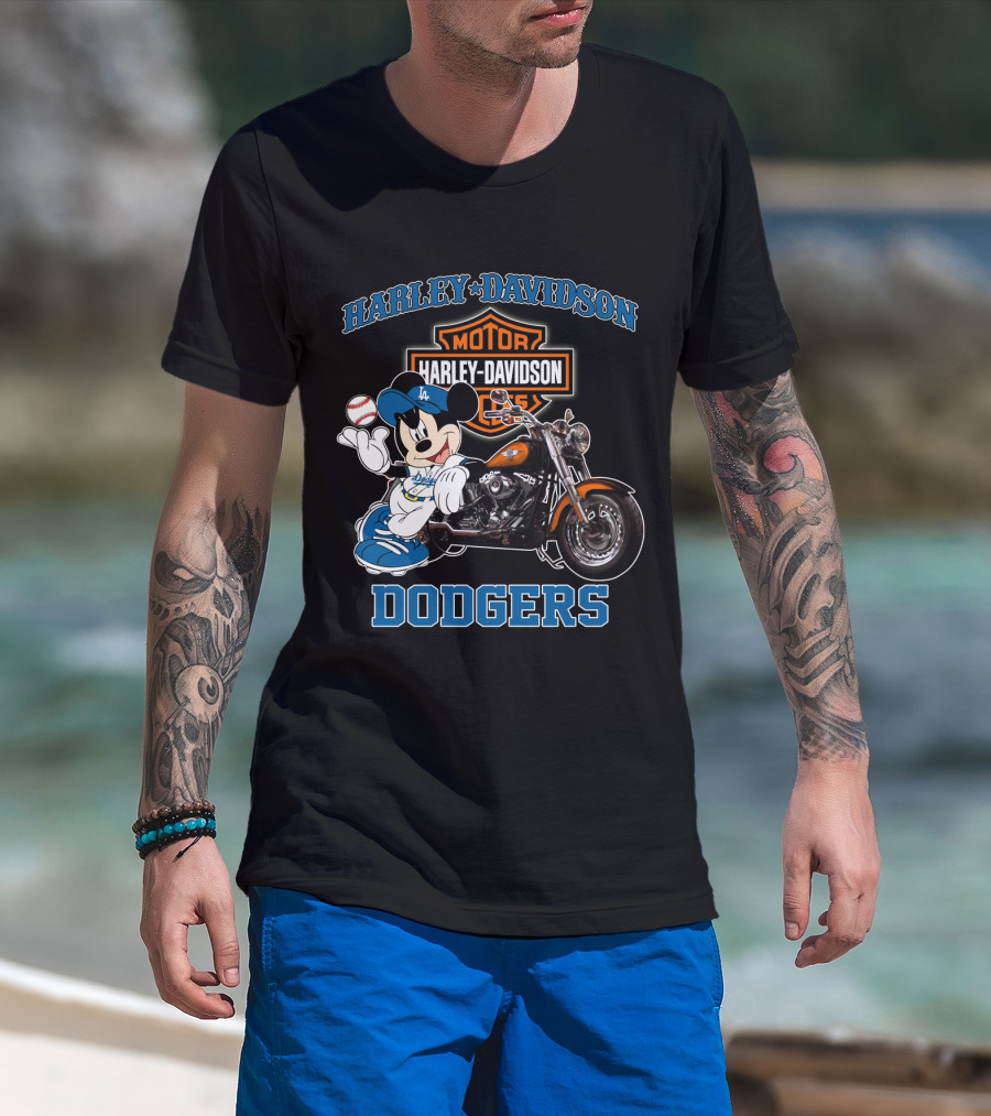 Harley Davidson Los Angeles Dodgers Mickey Mouse Motorcycle Baseball T-Shirt