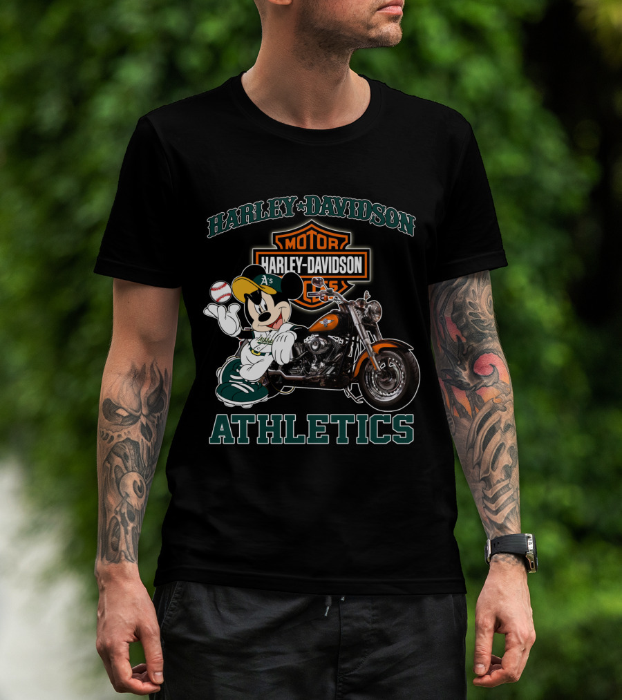 Harley Davidson Oakland Athletics With Mickey Mouse Baseball Motorcycle T-Shirt