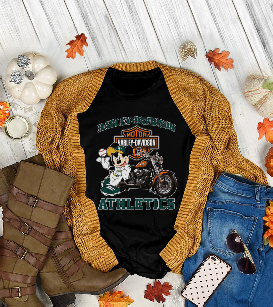 Harley Davidson Oakland Athletics With Mickey Mouse Baseball Motorcycle T-Shirt