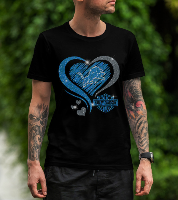 Hd Ll Detroit Lions Harley Davidson Cycles Sparkle Heart T-Shirt