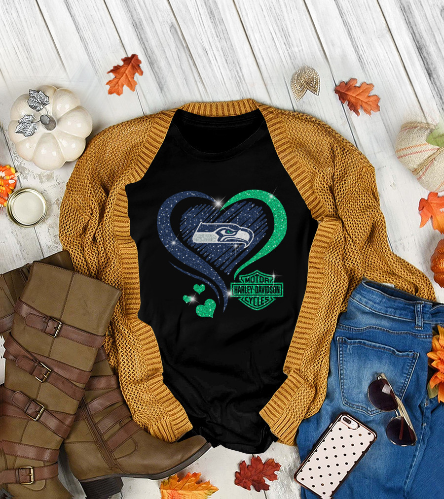 Harley Davidson Motorcycles Heart With Seattle Seahawks T-Shirt