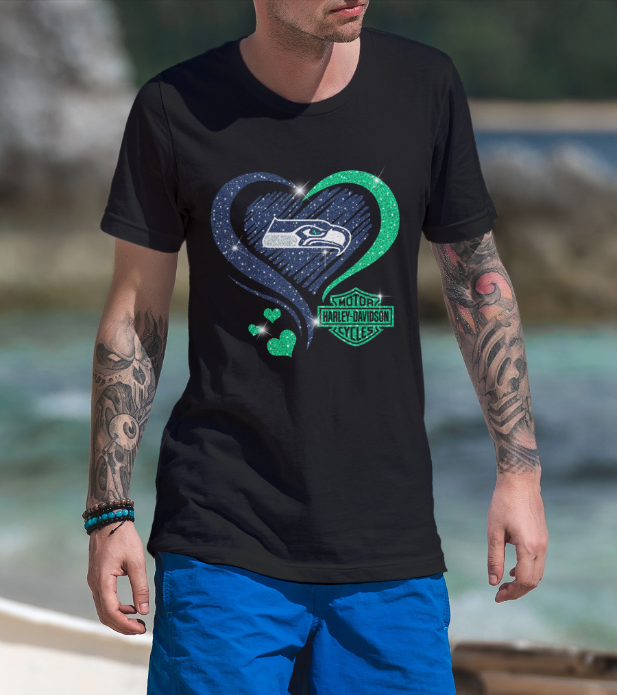 Harley Davidson Motorcycles Heart With Seattle Seahawks T-Shirt
